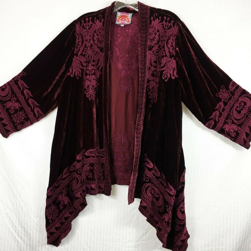 RARE XXL Johnny Was Burgundy Velvet Open Front Cardigan Jacket Embroidered Tunic